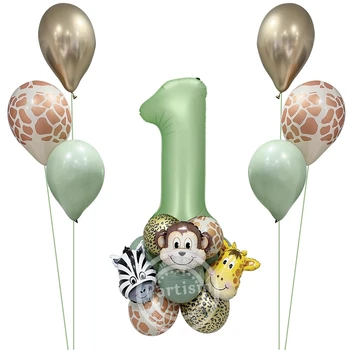 1 комплект Воздушных шаров Wild One Animal Башня со старинным зеленым воздушным шаром с цифрами для детей, Сафари в Джунглях, Украшения для вечеринки в честь Дня рождения в лесу.
