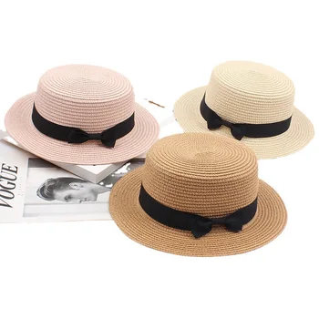 2022 Простая летняя пляжная шляпа для родителей и детей, Женская повседневная панама, Женская брендовая соломенная кепка с плоскими полями и бантом, Солнцезащитная шляпа для девочек