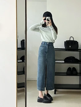 2023 Весенне-летняя Новая женская прямая джинсовая юбка с высокой талией и разрезом спереди