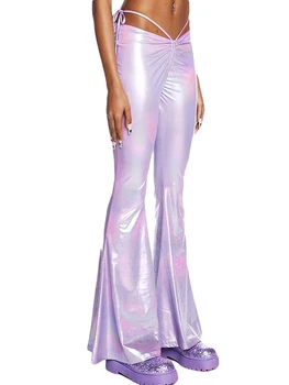 2023 Лазерные фиолетовые сексуальные брюки-клеш с низкой талией, модные женские повседневные длинные брюки с завязками на шнурках, облегающие широкие брюки