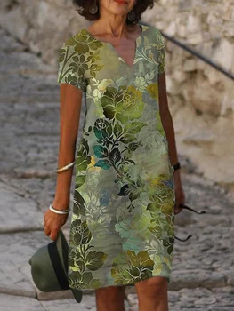 2023 Летнее новое повседневное женское платье с V-образным вырезом в стиле ретро с 3D принтом и коротким рукавом