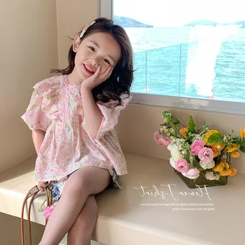 2023, Летняя детская рубашка в корейском стиле, розовый принт, короткий рукав, милая, прозрачная и дышащая мода, Новый дизайн