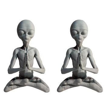 2X Статуя Инопланетянина для колдовства и медитации, Мини-украшение из смолы, Сад Инопланетян, Домашний офис, Двор, Художественный декор для внутреннего и наружного
