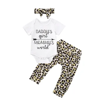 Emmababy, Комплект одежды для малышей и маленьких девочек, Летнее боди с коротким рукавом и надписью, Леопардовые брюки, повязка на голову, наряды, Одежда 3 шт.