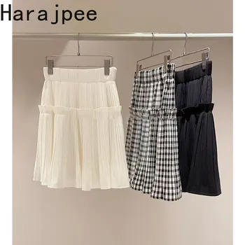 Harajpee Sweet Женская юбка, японская мода 2023, Весна-лето, Новые универсальные однотонные Клетчатые плиссированные юбки для девочек с высокой талией
