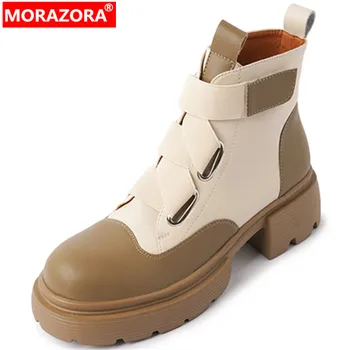 MORAZORA/ Новые ботильоны из натуральной кожи; женские ботинки на платформе; женская модная обувь на среднем квадратном каблуке; разноцветные зимние ботинки;
