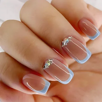 Y2K 24 шт, Накладные ногти средней площади, розовые и синие Накладные ногти во французском стиле со стразами, блестящие, многоразовые для женщин