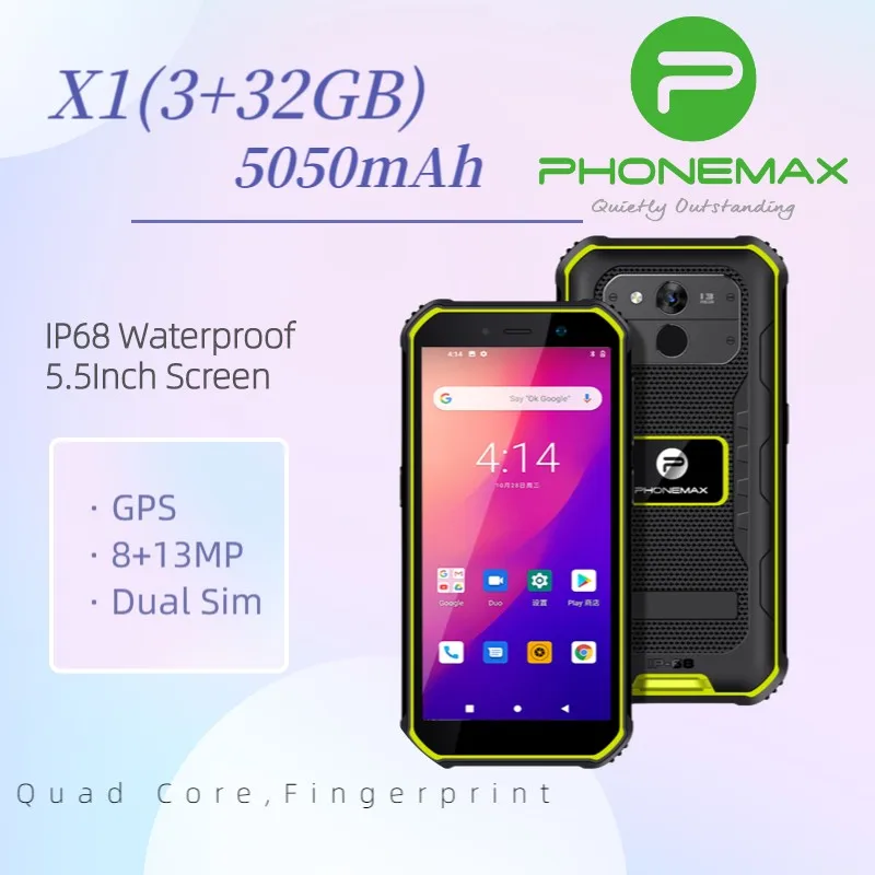PHONEMAX X1 IP68 Водонепроницаемый Прочный Смартфон Android 10 Четырехъядерный 3 ГБ 32 ГБ 5000 мАч Аккумулятор Fingerpringt 13-Мегапиксельный Мобильный Телефон 0