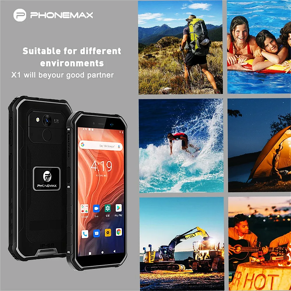 PHONEMAX X1 IP68 Водонепроницаемый Прочный Смартфон Android 10 Четырехъядерный 3 ГБ 32 ГБ 5000 мАч Аккумулятор Fingerpringt 13-Мегапиксельный Мобильный Телефон 2