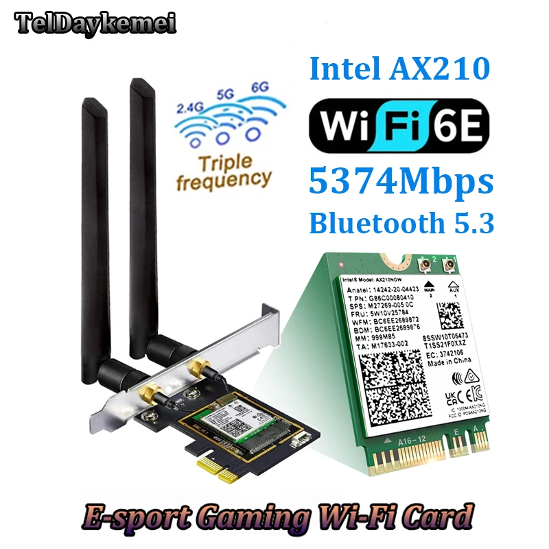 Адаптер Wi-Fi 5374 Мбит /с, Wi-Fi 6, Bluetooth 5.3 PCI-E, Трехдиапазонная беспроводная сетевая карта Intel AX210 Windows 11 Window10 для ПК 1