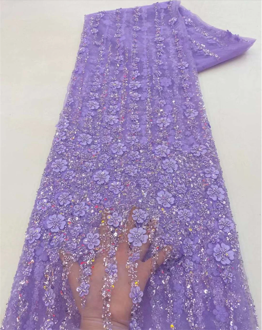 Африканская кружевная ткань 2023 Высококачественный Французский 3D цветок, блестки, вышивка бисером, Тюлевая кружевная ткань для вечернего платья 1