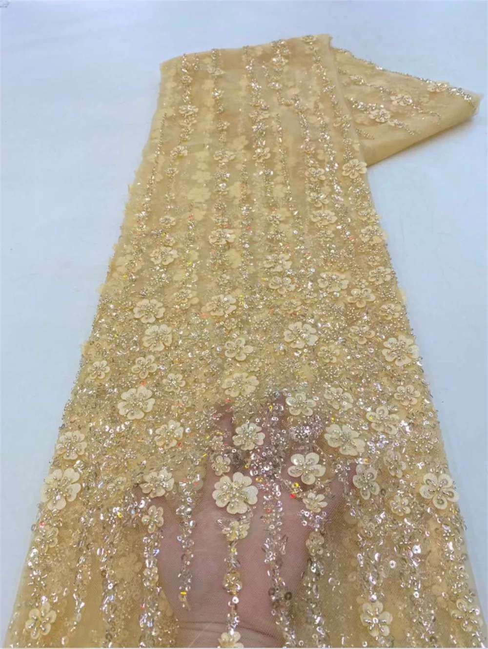 Африканская кружевная ткань 2023 Высококачественный Французский 3D цветок, блестки, вышивка бисером, Тюлевая кружевная ткань для вечернего платья 4