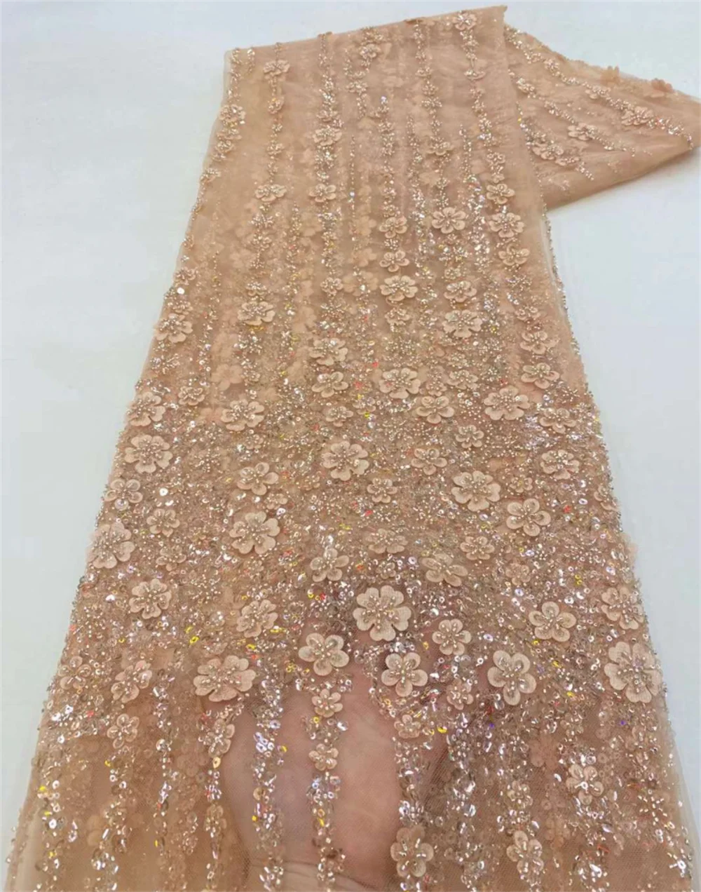 Африканская кружевная ткань 2023 Высококачественный Французский 3D цветок, блестки, вышивка бисером, Тюлевая кружевная ткань для вечернего платья 5
