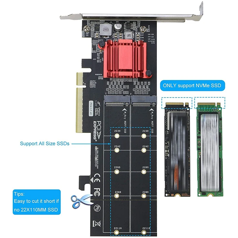 Двойной адаптер NVMe PCIe, M.2 NVMe SSD для PCI-E с поддержкой карт 3.1 X8/X16 M.2 (ключ M) NVMe SSD 22110/2280/2260/2242 1