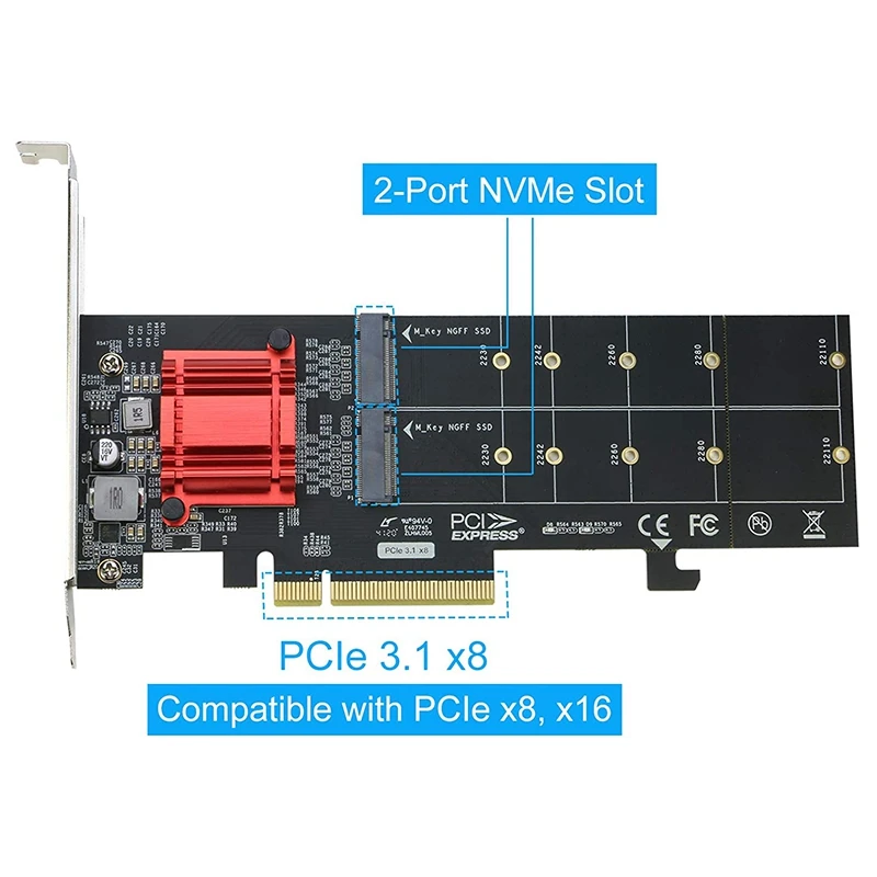 Двойной адаптер NVMe PCIe, M.2 NVMe SSD для PCI-E с поддержкой карт 3.1 X8/X16 M.2 (ключ M) NVMe SSD 22110/2280/2260/2242 2