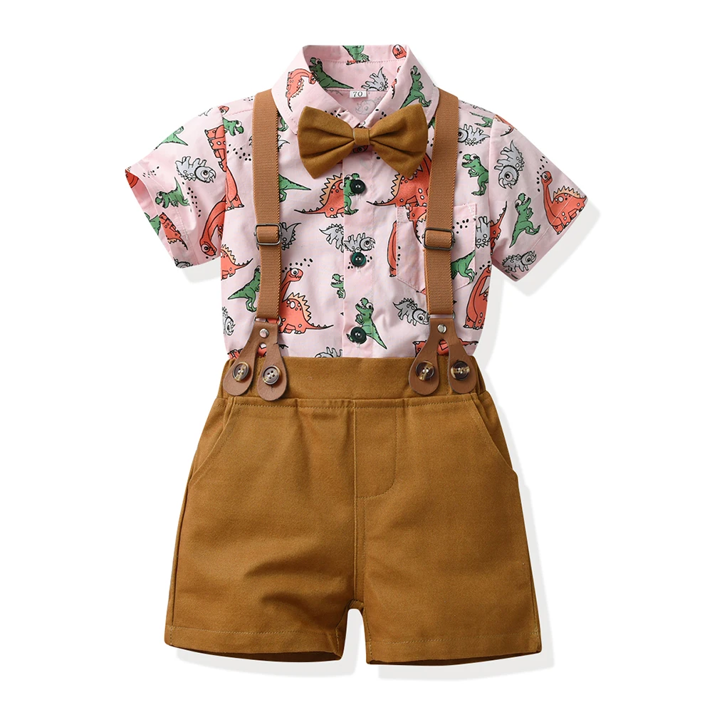 Летний Новый комплект одежды для маленьких мальчиков, короткая рубашка с рисунком динозавра, топы с бабочкой + шорты на подтяжках, детская одежда 0