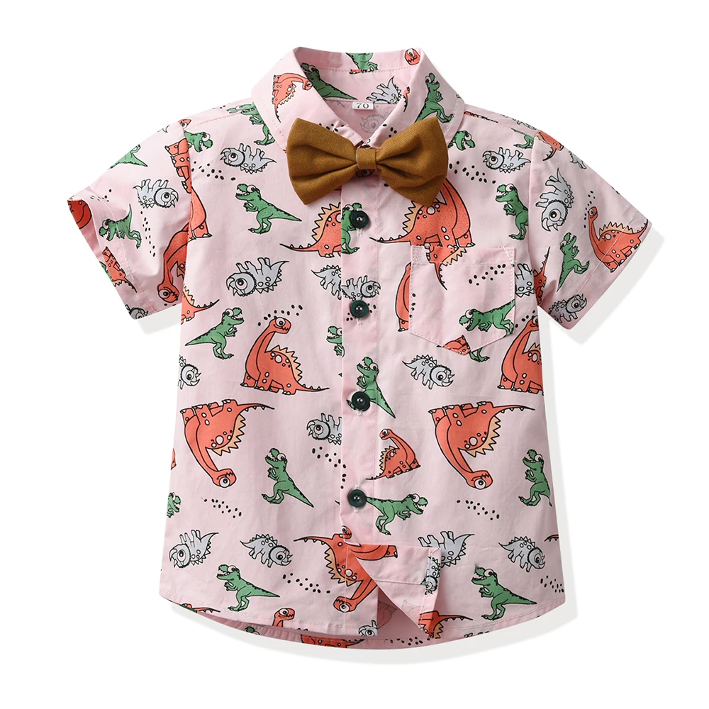 Летний Новый комплект одежды для маленьких мальчиков, короткая рубашка с рисунком динозавра, топы с бабочкой + шорты на подтяжках, детская одежда 1