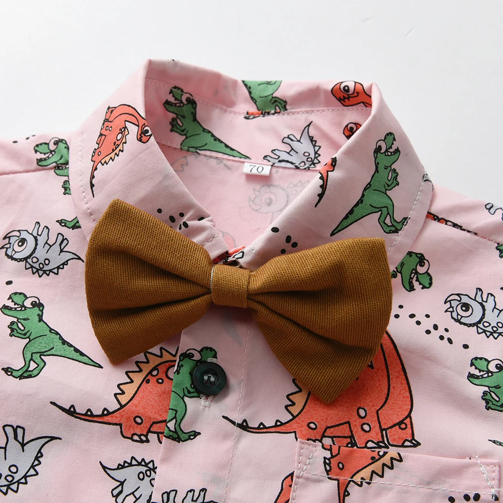 Летний Новый комплект одежды для маленьких мальчиков, короткая рубашка с рисунком динозавра, топы с бабочкой + шорты на подтяжках, детская одежда 3