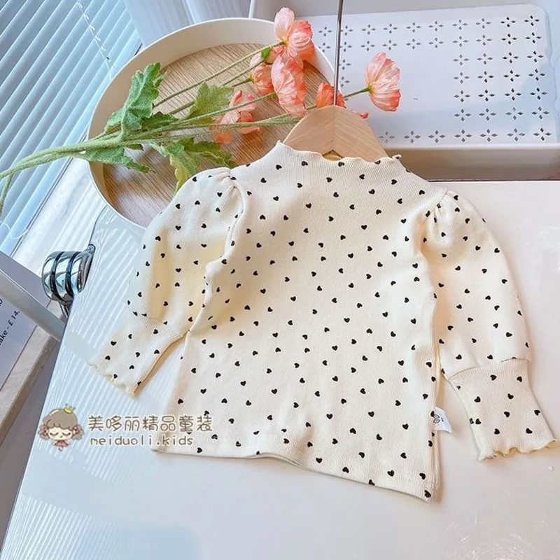 Рубашка для девочек, весна-осень, Корейская повседневная детская одежда, Lovely Baby Daily, Полупрозрачный рукав с пузырчатым вырезом, эластичный низ, топ 0