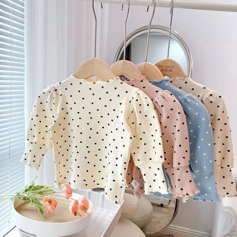 Рубашка для девочек, весна-осень, Корейская повседневная детская одежда, Lovely Baby Daily, Полупрозрачный рукав с пузырчатым вырезом, эластичный низ, топ 1