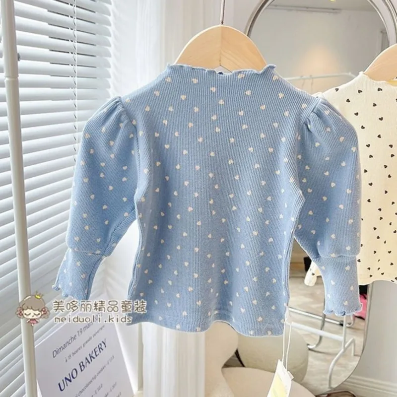 Рубашка для девочек, весна-осень, Корейская повседневная детская одежда, Lovely Baby Daily, Полупрозрачный рукав с пузырчатым вырезом, эластичный низ, топ 2