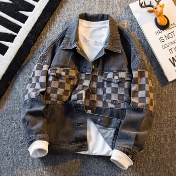 Американская винтажная джинсовая куртка в шахматном порядке, мужская весенне-осенняя бейсбольная куртка с отворотом, красивое уличное повседневное пальто