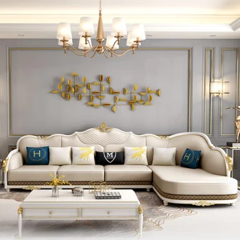 Американский стиль, массив дерева, светлый роскошный диван, комбинированная гостиная, простой кожаный угловой диван в европейском стиле, небольшое количество семей