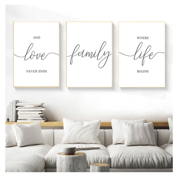 Белый Типографский Плакат, семейный знак, современное настенное искусство, холст, картины для гостиной, дома, Семейная любовь, Цитата, печать Черный
