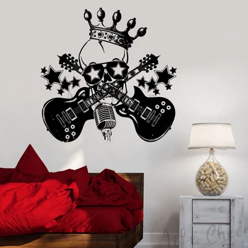 Виниловые наклейки на стены с рисунком головы рок-черепа, Музыкальные гитары, наклейка на стену, микрофон со звездами, настенные фрески, Художественное оформление