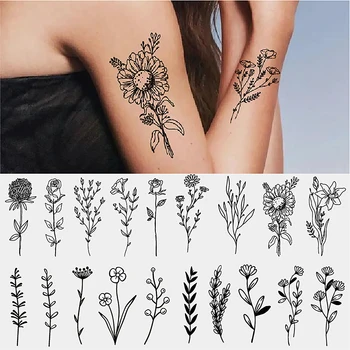 Водонепроницаемые одноразовые наклейки для временных татуировок Линии цветов лаванды, маленькие свежие черно-белые наклейки с цветами лилии