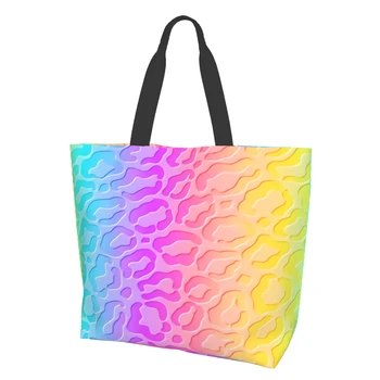 Голографический орнамент из меха леопарда на радужных сумках-тоут для женщин, Многоразовые продуктовые сумки, большие хозяйственные сумки