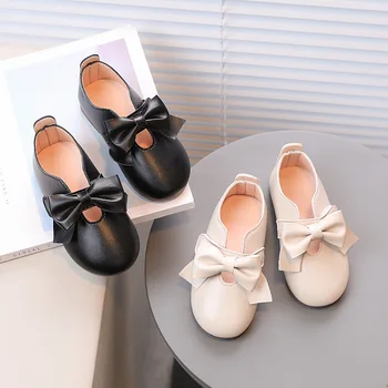 Детская повседневная обувь 2023 года, новые однотонные детские туфли на плоской подошве с бантом и круглым носком для вечеринки, свадьбы, из искусственной кожи для девочек Mary Janes Performance