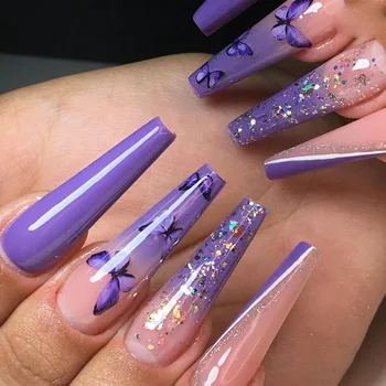 Длинные накладные ногти в виде гроба, Фиолетовая бабочка V, французский нейл-арт с блестками, Красивые Аксессуары для ногтей, Съемный Пресс на ногтях, полное покрытие