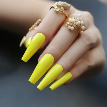 Длинные роскошные неоново-желтые УФ-акриловые ногти Nude salon Extra gel fasle nails white