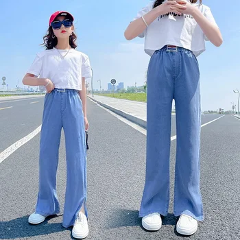 Длинные широкие брюки для девочек подросткового возраста с разрезом, весенние Свободные Летние брюки, джинсовый цвет, однотонный, для детей 5-14 лет, Корейские брюки, джинсовая одежда для детей