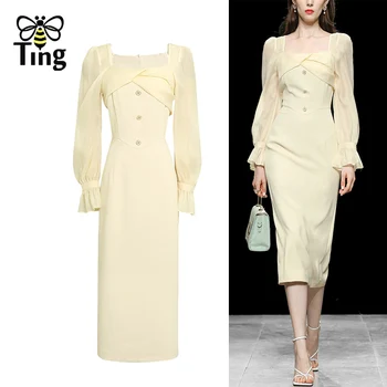 Женская дизайнерская одежда Tingfly, Весна-осень, шикарное офисное платье желтого цвета, винтажная Элегантная женская одежда Миди-Эльбиз в стиле Леди