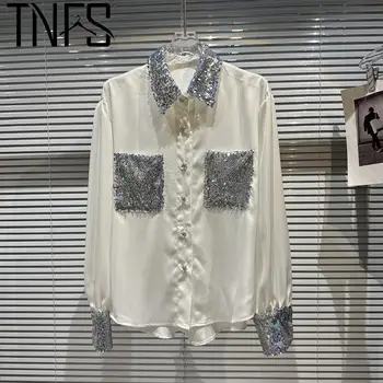 Женская рубашка yuerwang, Темпераментный дизайн кармана с блестками, белая блузка, Модные свободные женские топы для отдыха, новинка весны 2023 года
