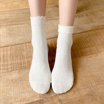 Женские однотонные хлопковые носки средней длины, весенне-осенний модный тренд, японские кружевные носки, милые носки с ворсом для женщин
