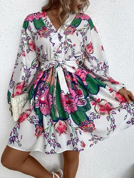 Женское летнее платье с V-образным вырезом и длинным рукавом, разноцветное, на шнуровке, с высокой талией и цветочным принтом, с большими размахами