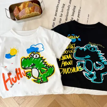 Забавная футболка с динозавром с граффити для мальчика, детские топы, летние хлопковые мягкие футболки с короткими рукавами для детей