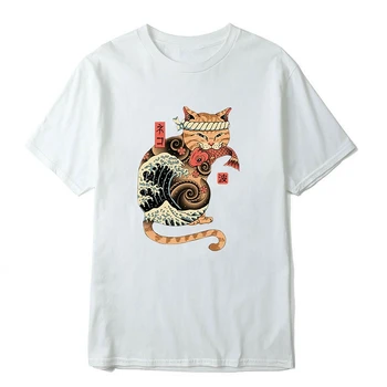 Забавные топы с принтом кота в стиле Каваи, повседневная свободная мужская футболка с круглым вырезом, мужская футболка с аниме