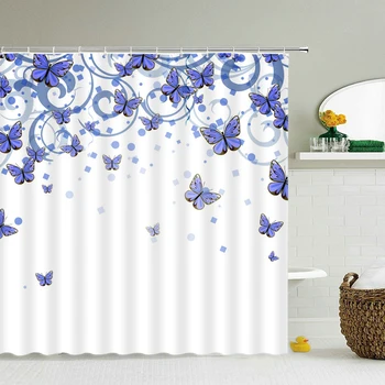 Занавески для душа из ткани с 3D-принтом Красивые ширмы для ванны в виде бабочек Водонепроницаемый декор ванной комнаты с крючками Занавеска для душа