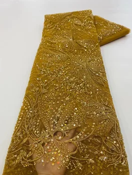 Золотая Африканская трубка из бисера Кружевная ткань 2022 Французская сетка из пайеток Ткань для шитья Вышитое кружево из тюля Нигерийская ткань KXX22318