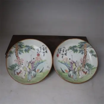 Китайская Старая пара Фарфоровых тарелок с надписью Famille Розовые символы с рисунком