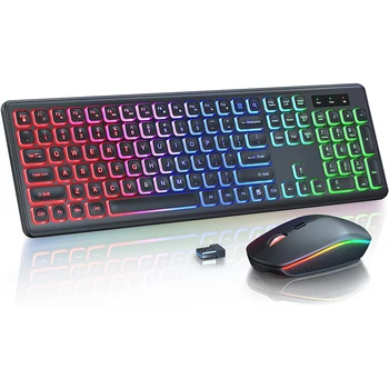Комбинированная беспроводная клавиатура и мышь с подсветкой, перезаряжаемые буквы RGB, полноразмерный эргономичный угол наклона, бесшумная клавиатура-мышь с частотой 2,4 ГГц