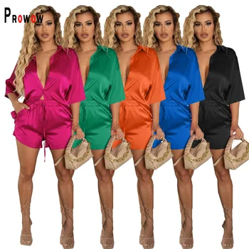 Комплект женской одежды Prowow, Блузки с короткими рукавами, Шорты, Летние костюмы из двух предметов 2023, Однотонные повседневные женские наряды свободного стиля