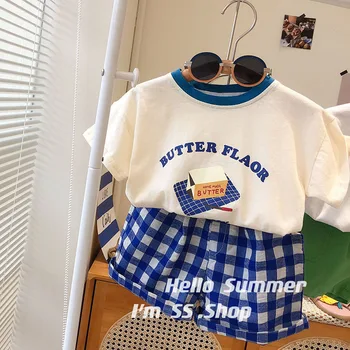Комплект летних шорт в Корейском стиле 2023 года, Детская футболка с буквенным принтом + Клетчатые шорты, Комплект Одежды Для девочек И мальчиков, Детская Одежда, Повседневный комплект