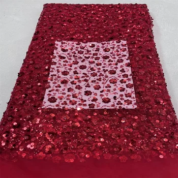 Красная африканская кружевная ткань с блестками, 5 ярдов, высококачественная Французская Нигерийская кружевная ткань ручной работы из бисера для пошива свадебной вечеринки