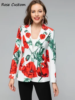 Красный RoosaRosee Модный отложной воротник С цветочным принтом, Длинный рукав на одной пуговице, Тонкое белое пальто, Осенне-зимняя верхняя одежда 2023