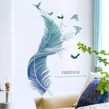 Креативная наклейка на стену с синим пером и летящей птицей, декор спальни, фон для дивана, Самоклеящаяся Комната для украшения дома